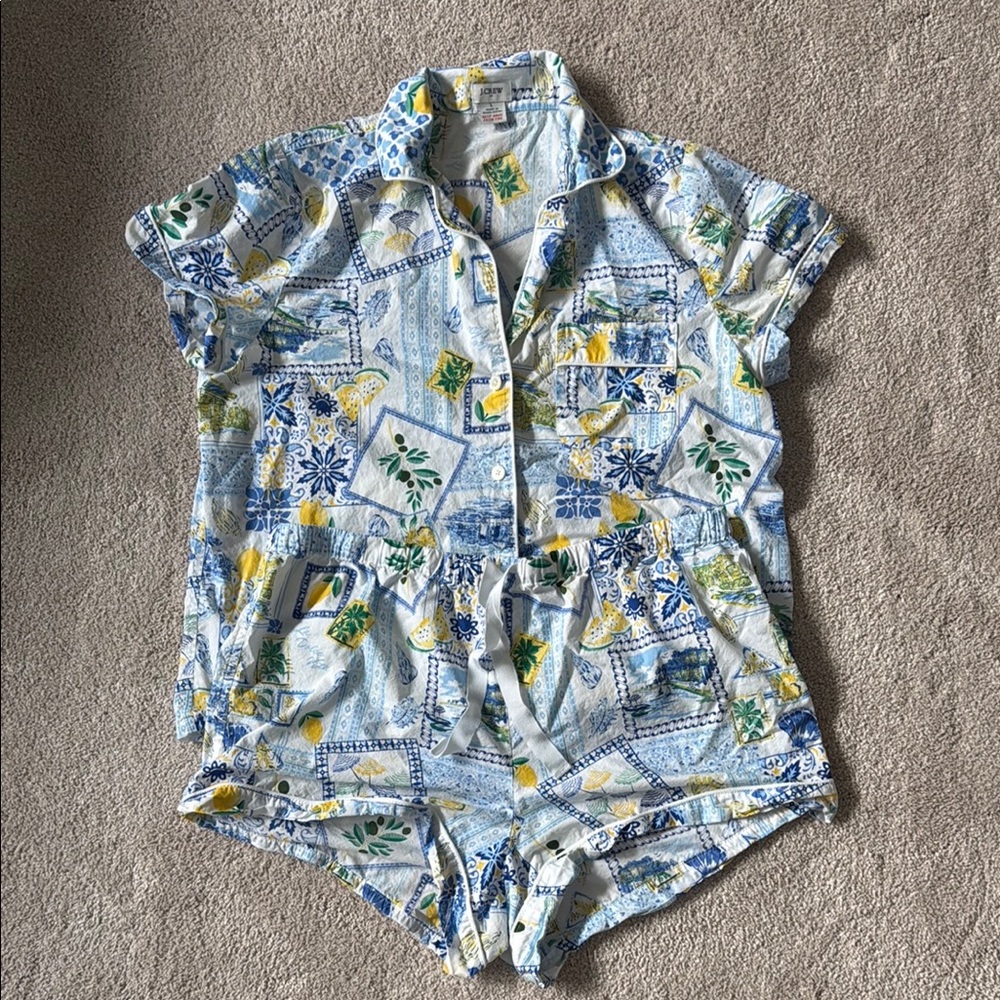 J. Crew Factory Cotton Short Pajama Set in Ocean Multi